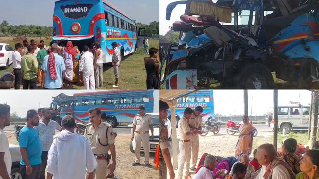 खड़ी ट्रक से भिड़ी तीर्थयात्रियों से भरी बस : दस लोगों के घायल होने की है सूचना