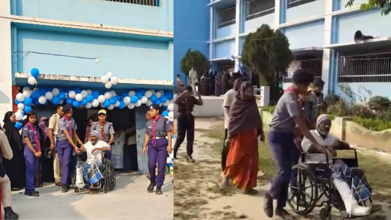 मतदान केंद्र पर स्काउट एंड गाइड के बच्चों का उत्कृष्ट कार्य, बुजुर्ग मतदाता के साथ दिया अनुशासित सेवा भाव का परिचय